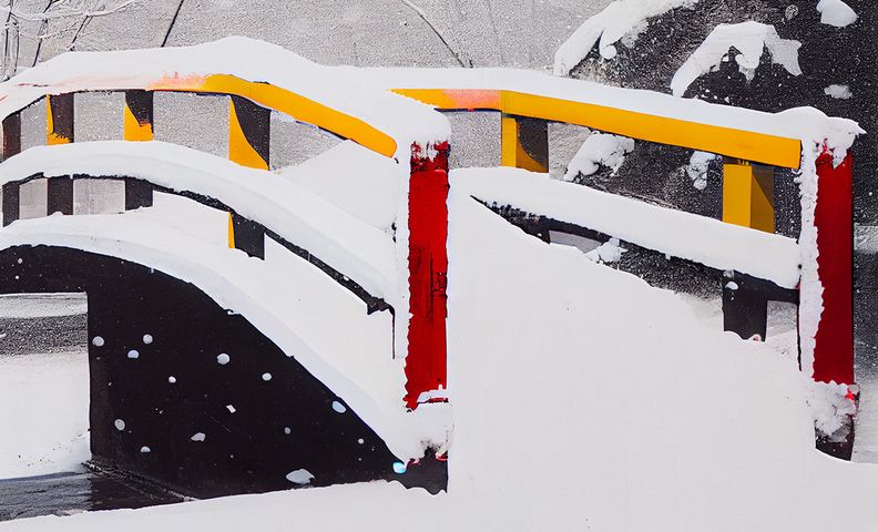 Цифровая иллюстрация припорошенного снегом деревянного мостика (Digimaalaus puuterilumen peittämästä puusillasta)