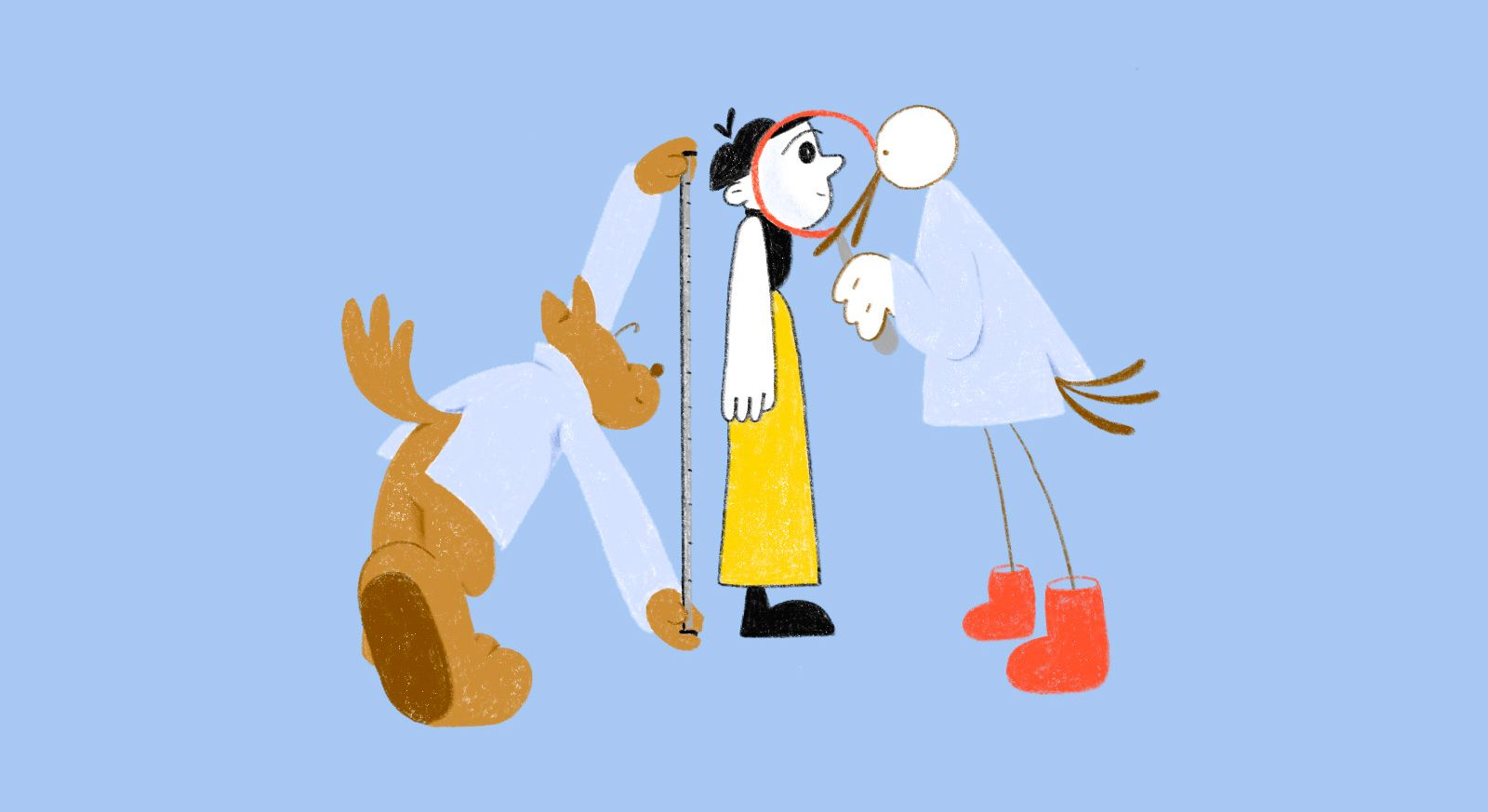 Иллюстрация: домашние животные проводят измерения человека / Kuvitus: lemmikit mittaavat ihmistä