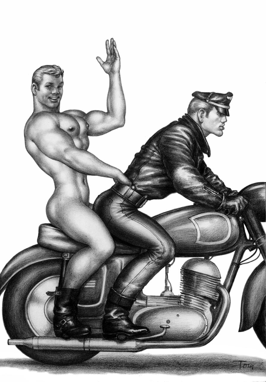 Kuva Tom of Finlandin teoksesta, jossa kaksi mieshahmoa istumassa moottoripyörällä. Toinen on pukeutunut tummiin nahkavaatteisiin, toinen alaston mustat saappaat jalassa.