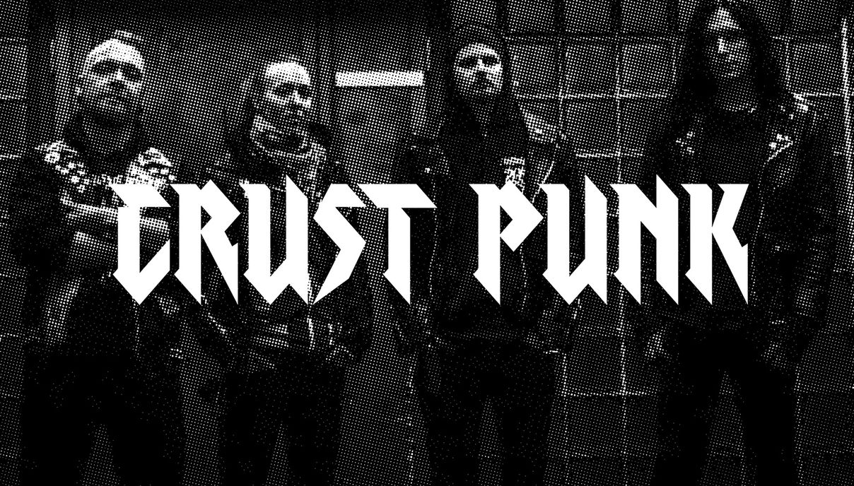 Фото группы пакнов с надписью "CRUST PUNK" ( Кuva neljästä punkkarista  jonka keskellä "CRUST PUNK" teksti)