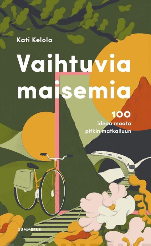 Обложка книги “Vaihtuvia maisemia” с рисунком велосипеда и горного пейзажа (Kirjan kansi “Vaihtuvia maisemia”).