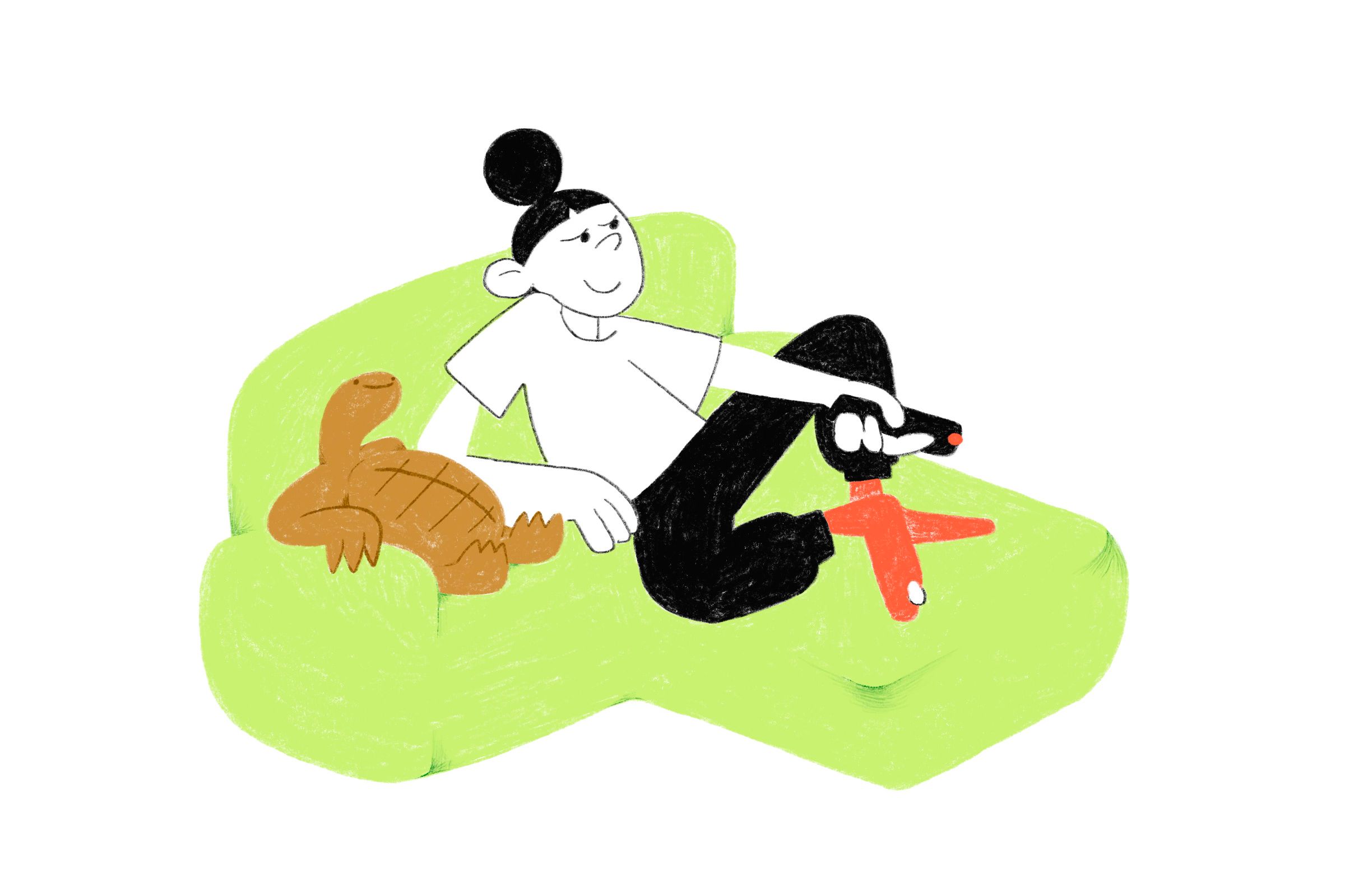 Иллюстрация: девочка сидит на диване с черепахой / Kuvitus: tyttö istuu sohvalla kilpikonnan kanssa