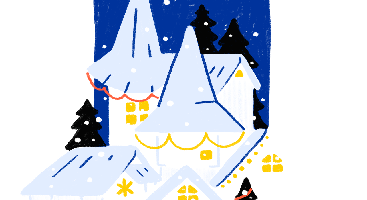 Иллюстрация: Заснеженные дома с ярко освещёнными окнами и гирляндами, на фоне тёмных елей и падающего снега. (Kuvitus: Lumiset talot, joissa kirkkaasti valaistut ikkunat ja koristevalot, taustalla tummia kuusia ja satavaa lunta.)