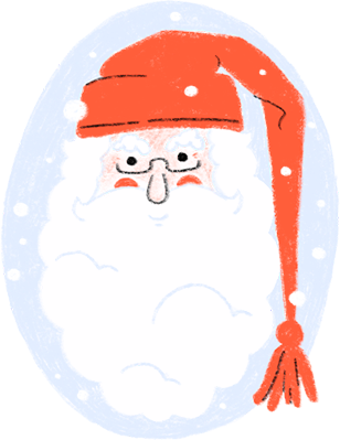 Иллюстрация: Лицо Санта-Клауса с длинной белой бородой, в красной шапке с кисточкой. (Kuvitus: Joulupukin kasvot, pitkällä valkoisella parralla ja punaisessa tupsulakissa)