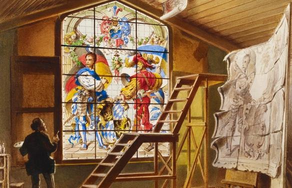 Художник в мастерской перед витражом с рыцарями (Taiteilija ateljeessa ritarikuvioisen lasimaalaustaulun edessä)