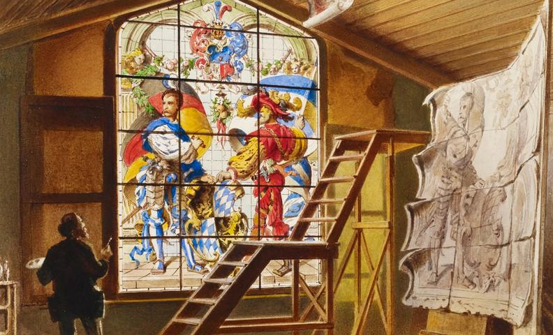 Художник в мастерской перед витражом с рыцарями (Taiteilija ateljeessa ritarikuvioisen lasimaalaustaulun edessä)