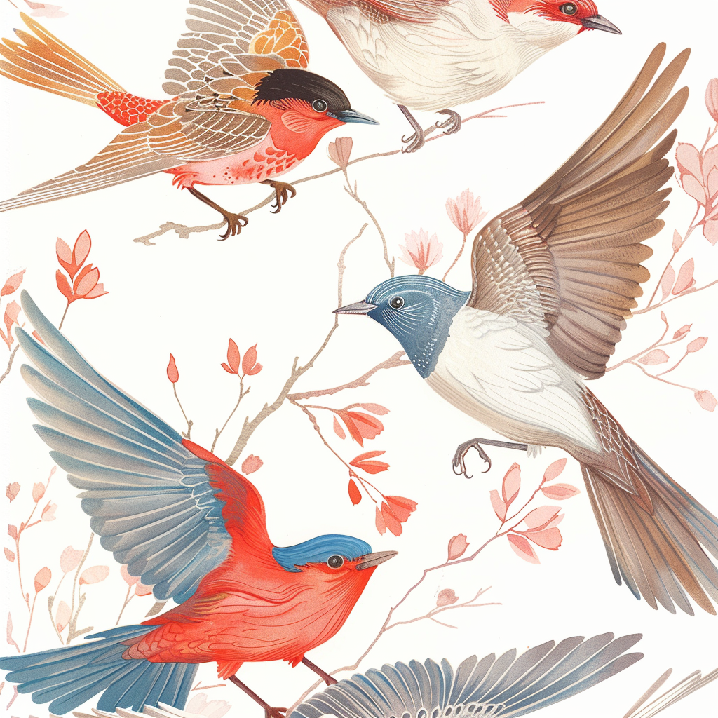 Lintuja kukkivan puun oksilla