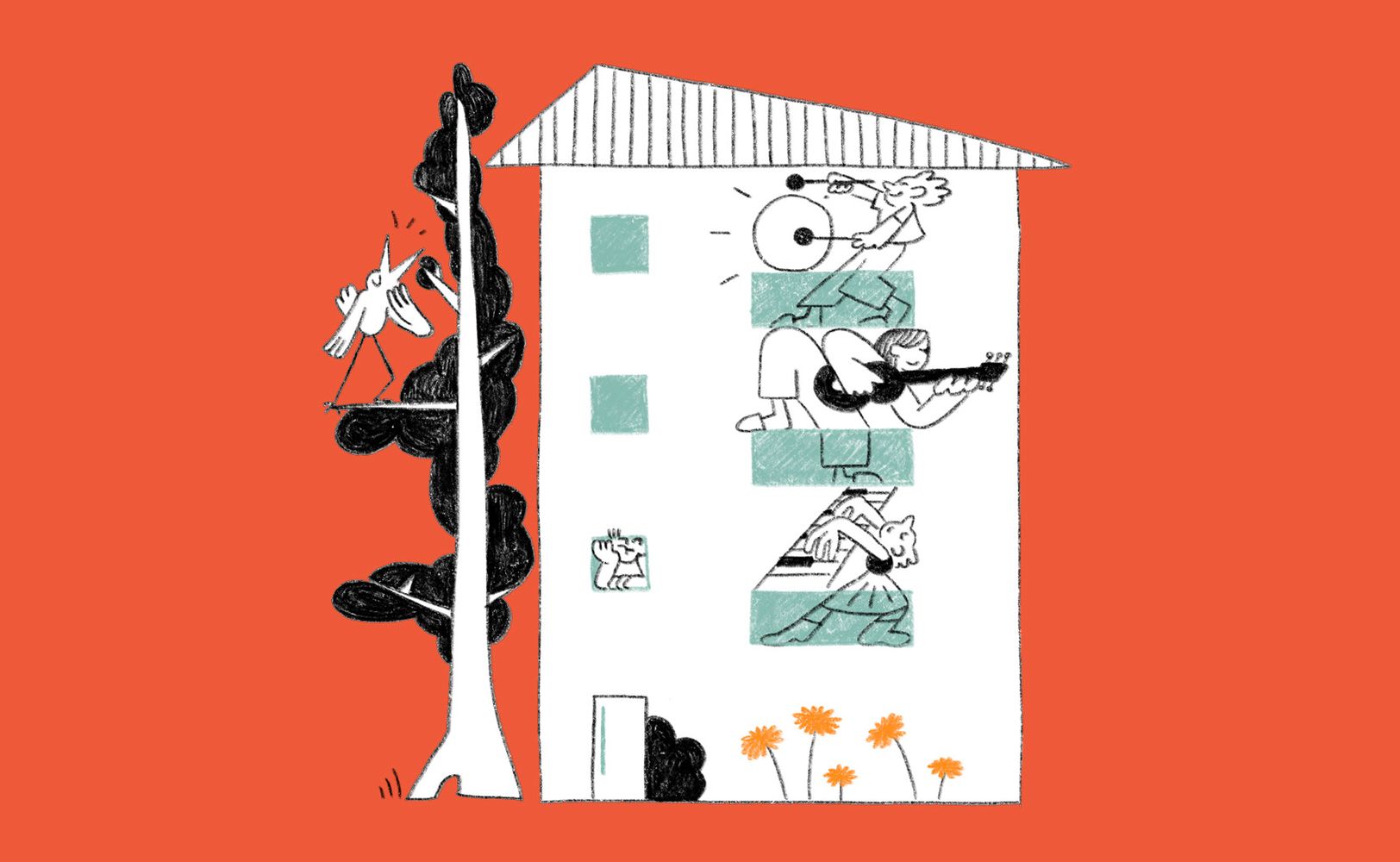 Иллюстрация: люди и животные играют музыку в доме / Kuvitus: ihmiset ja eläimet soittavat musiikkia talossa