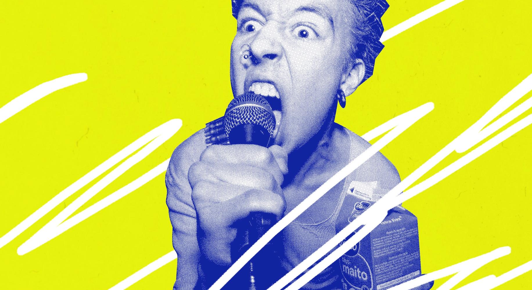 Панк поет в микрофон, держав в другой руке пакет молока (Punkkari laulaa mikrofoniin toisessa kädessään maitotölkki)