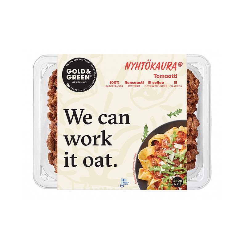 Упаковка растительного продукта Nyhtökaura со вкусом томата (Nyhtökaura-tomaattipakkauksen kuva).