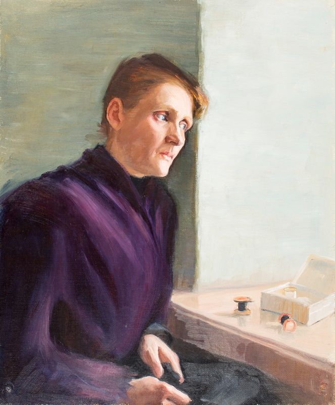 Картина художницы Ольги Гуммерус-Эрстрем "Женщина за швейным столиком" (Olga Gummerus-Ehrströmin maalaus Nainen ompelupöydän ääressä)