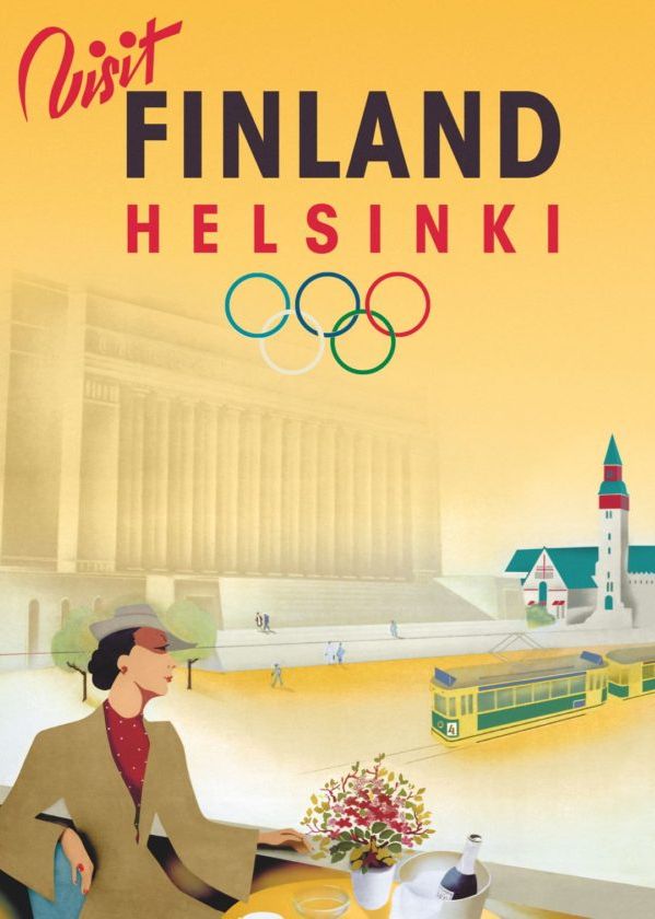 Винтажный плакат «Visit Finland Helsinki» с олимпийскими кольцами, трамваем и элегантной женщиной. (Vintage juliste ”Visit Finland Helsinki”.)