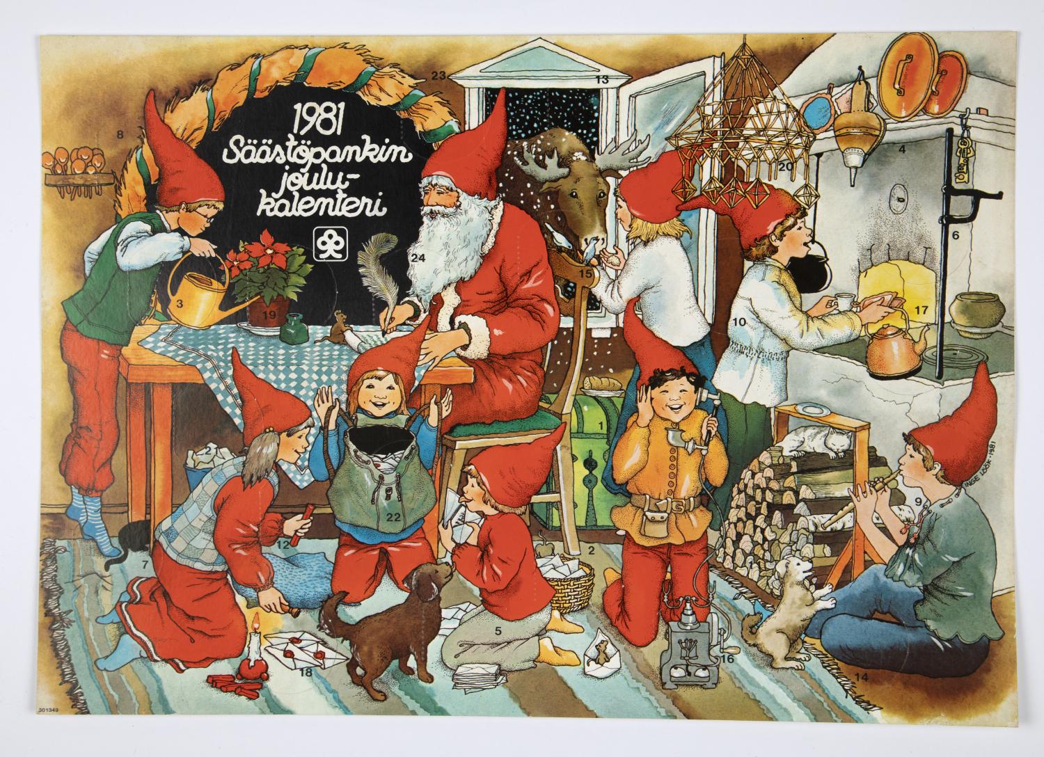 Обложка адвент-календаря с эльфами и Йоулупукки (Joulukalenterin kansi jossa joulupukki ja tonttuja)