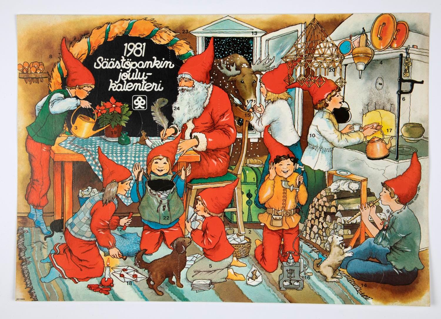 Обложка адвент-календаря с эльфами и Йоулупукки (Joulukalenterin kansi jossa joulupukki ja tonttuja)