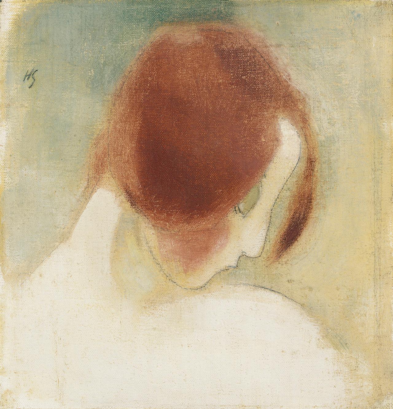 Punainen pää II. Taiteilija Helene Schjerfbeckin öljyväri- ja lyijykynätyö kankaalle vuodelta 1915.