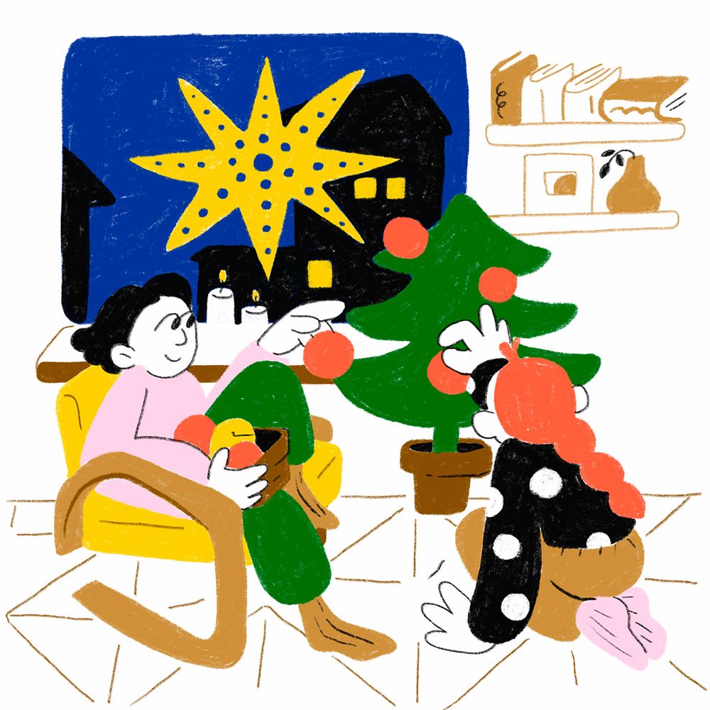 Иллюстрация: люди украшают ёлку дома, за окном рождественская звезда (Kuva: ihmiset koristavat kuusta, ikkunassa joulutähti)