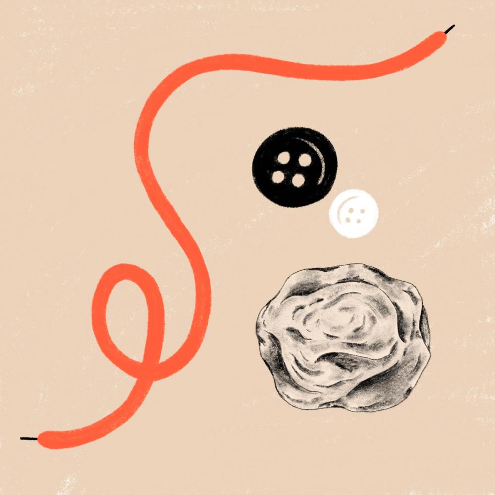 Абстрактная иллюстрация с красным шнурком, двумя пуговицами и клочком бумаги (Abstrakti piirros punaisesta nyöristä, kahdesta napista ja rypistetystä paperista)