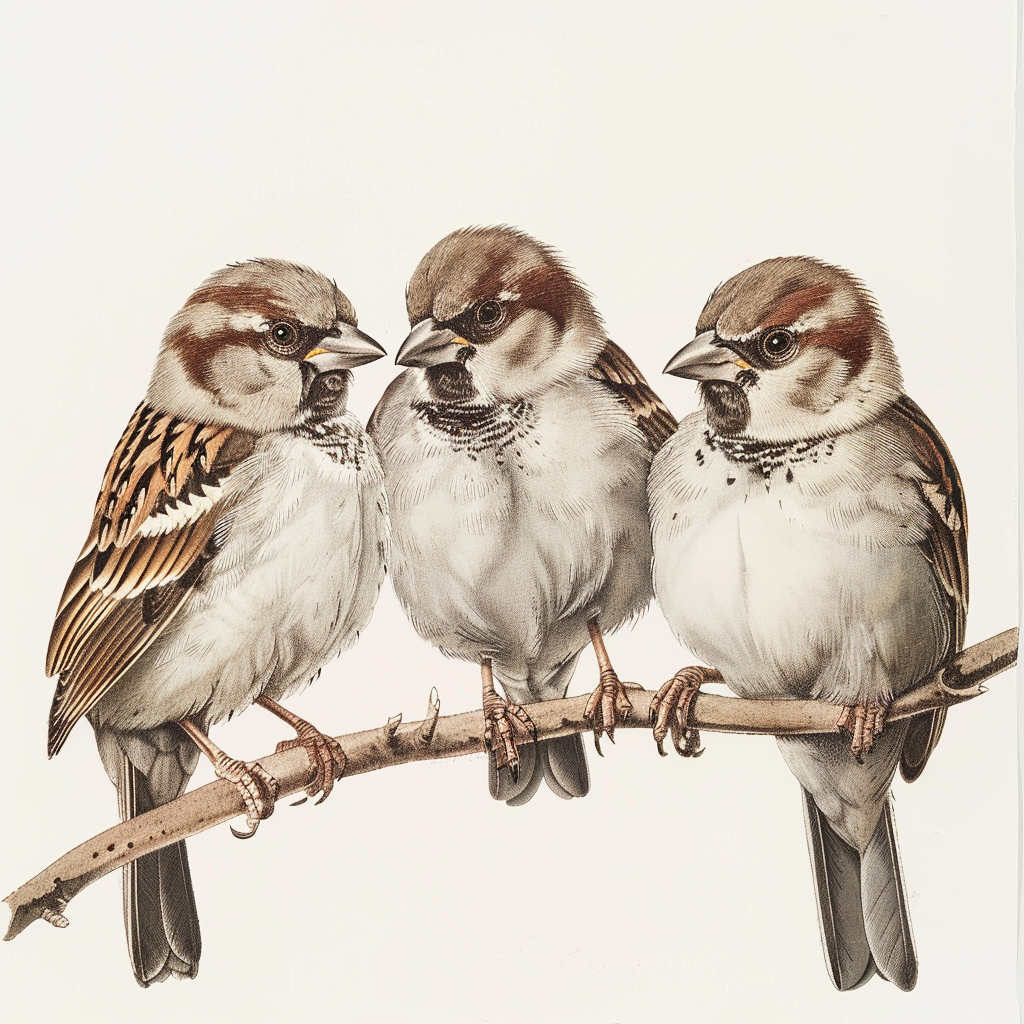 Kolme varpusta istumassa oksalla