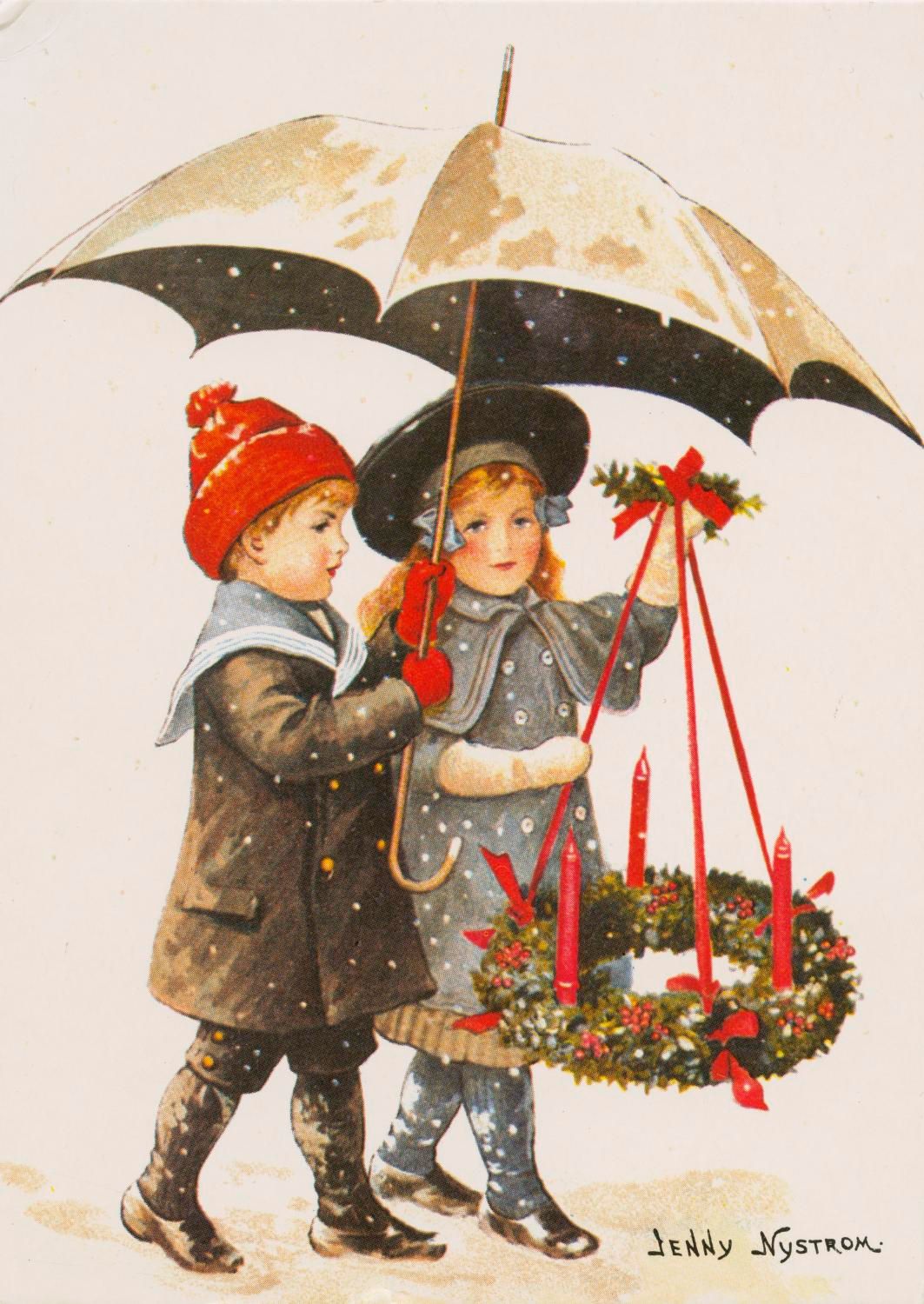 Старая рождественская октрытка: двое детей под зонтиком (Vanha joulukortti jossa tyttö ja poika sateenvarjon alla)