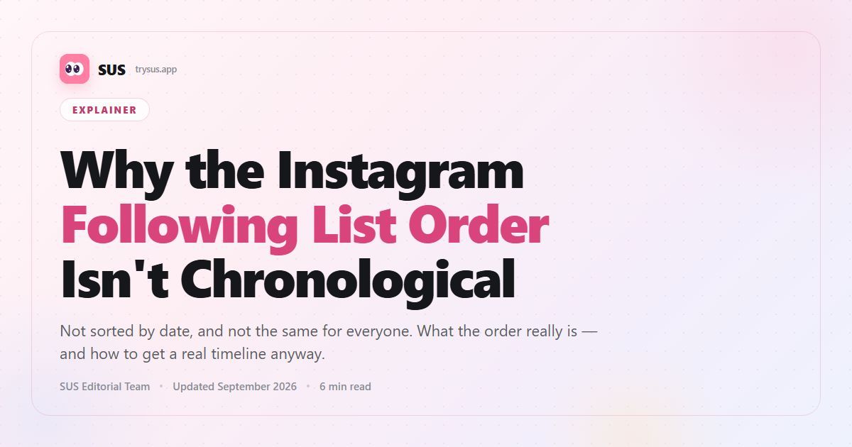 SUS article cover: "Instagram Following List Order Explained", with the summary "The list is not in chronological order, and it is not the same for everyone — here is what the order actually is, and how to get a real follow timeline anyway."