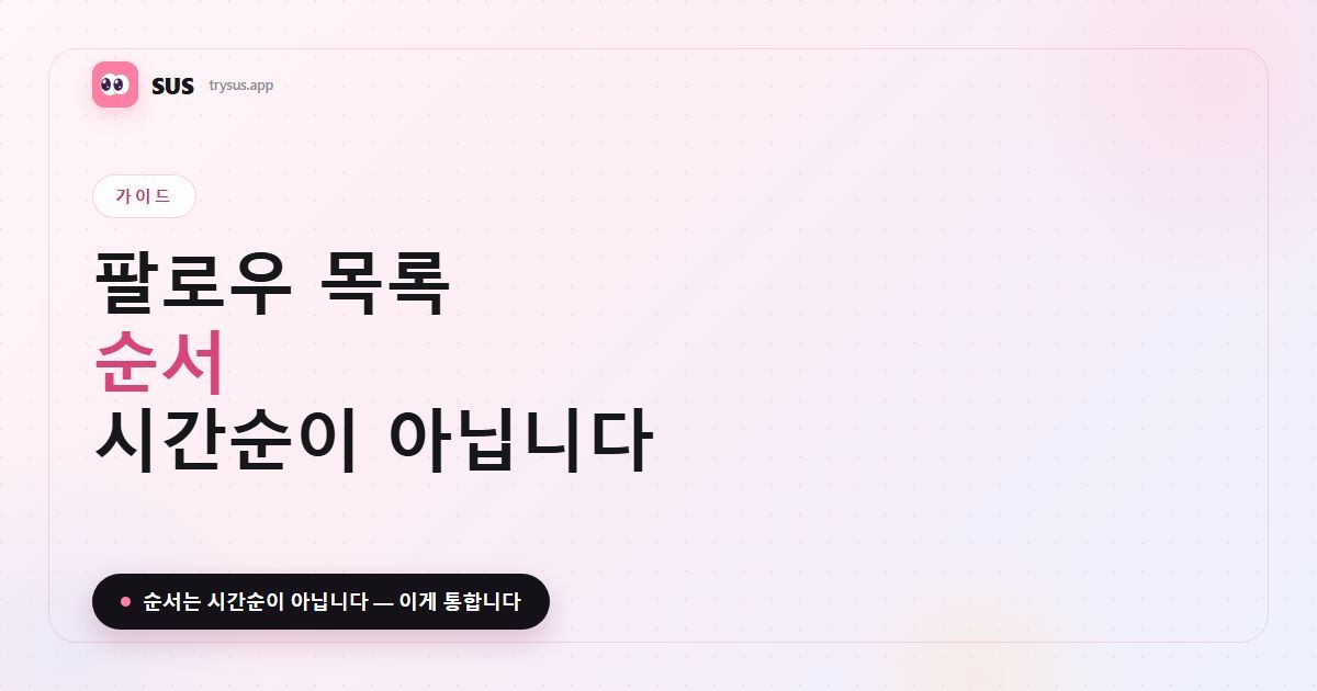 SUS 아티클 커버: «인스타그램 팔로우 목록 순서». SUS 로고, 가이드 라벨, «순서는 시간순이 아닙니다» 문구가 들어 있습니다.