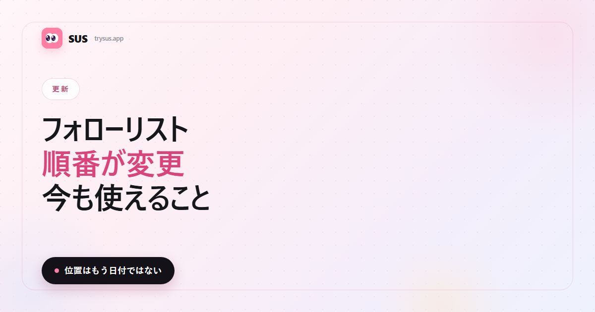 SUS記事のカバー：「フォローリストの順番が変更 — 今も使える方法」。SUSのワードマーク、更新バッジ、「位置はもう日付ではない」の一文入り。