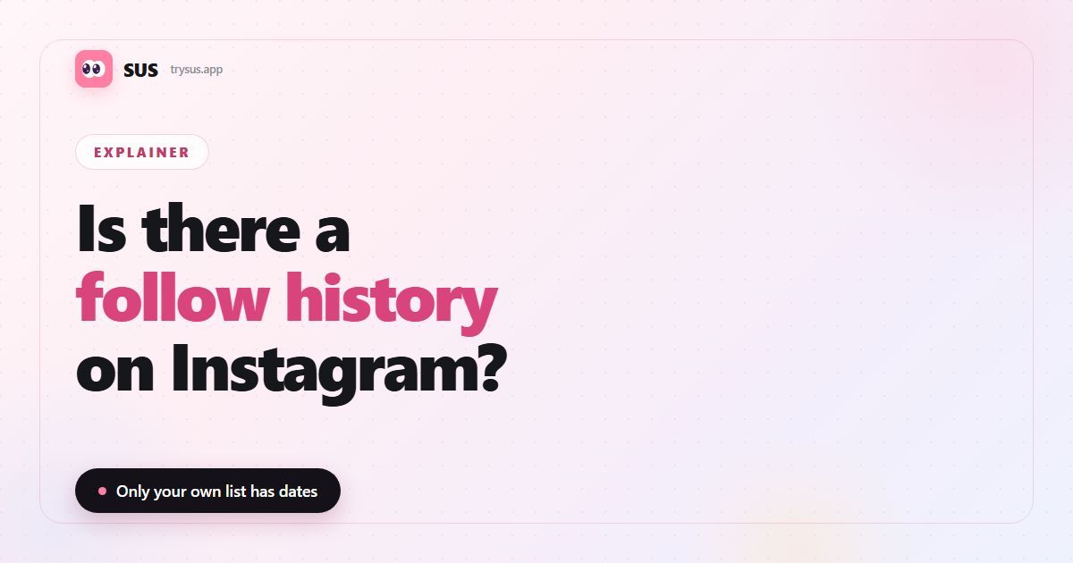SUS article cover: "Is there a follow history on Instagram?" with the SUS wordmark, an Explainer label and the line "Only your own list has dates".