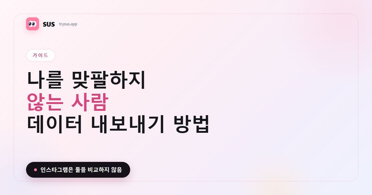 SUS 글 커버: «나를 맞팔하지 않는 사람 — 데이터 내보내기 방법». SUS 워드마크, 가이드 라벨, «인스타그램은 둘을 비교하지 않습니다» 문구가 들어 있습니다.