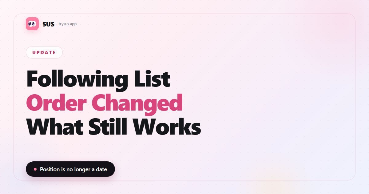 SUS article cover: "Following List Order Changed — What Still Works", with the SUS wordmark, an Update label and the line "Position is no longer a date".
