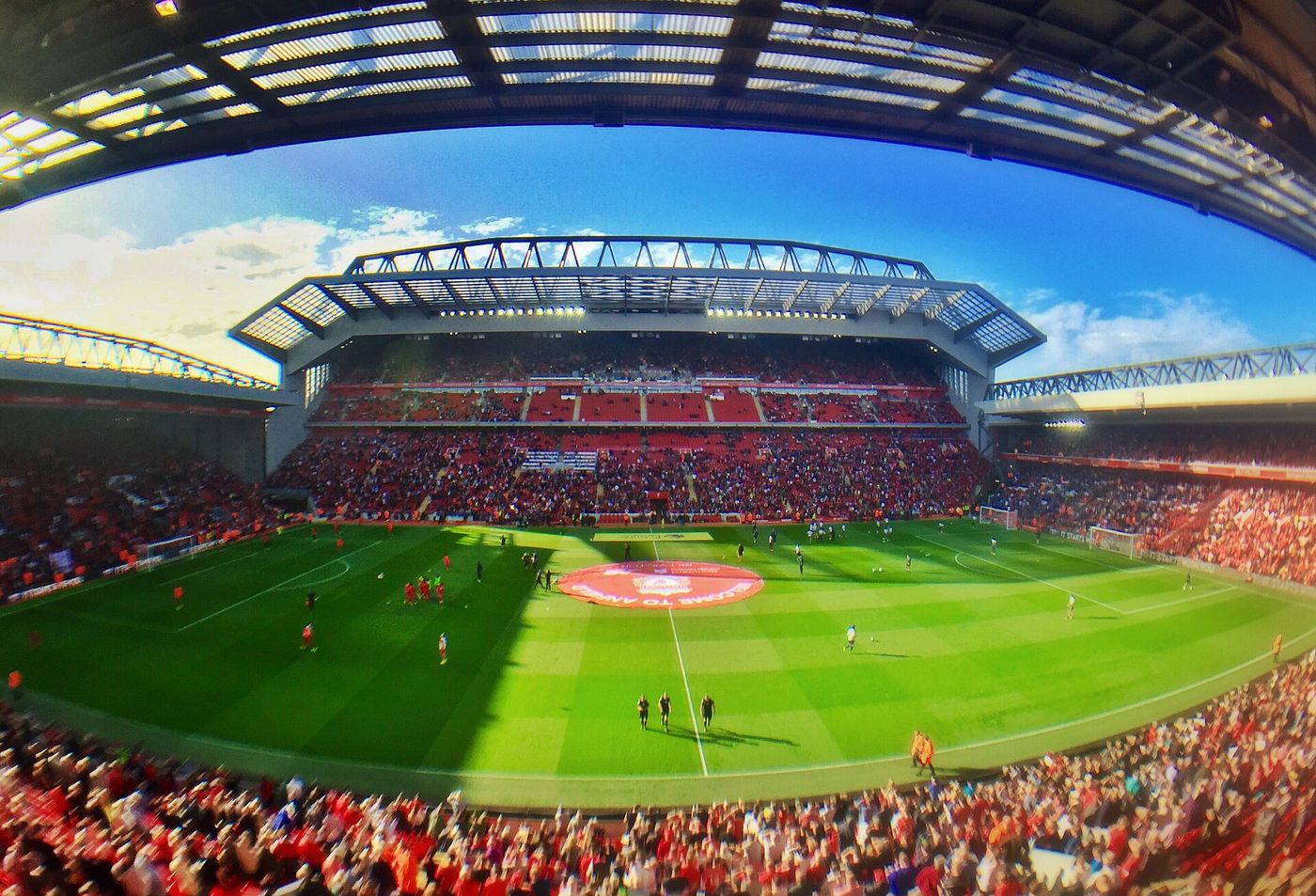 Panoramic view inside Anfield, home of Liverpool FC, showing the expanded Main Stand