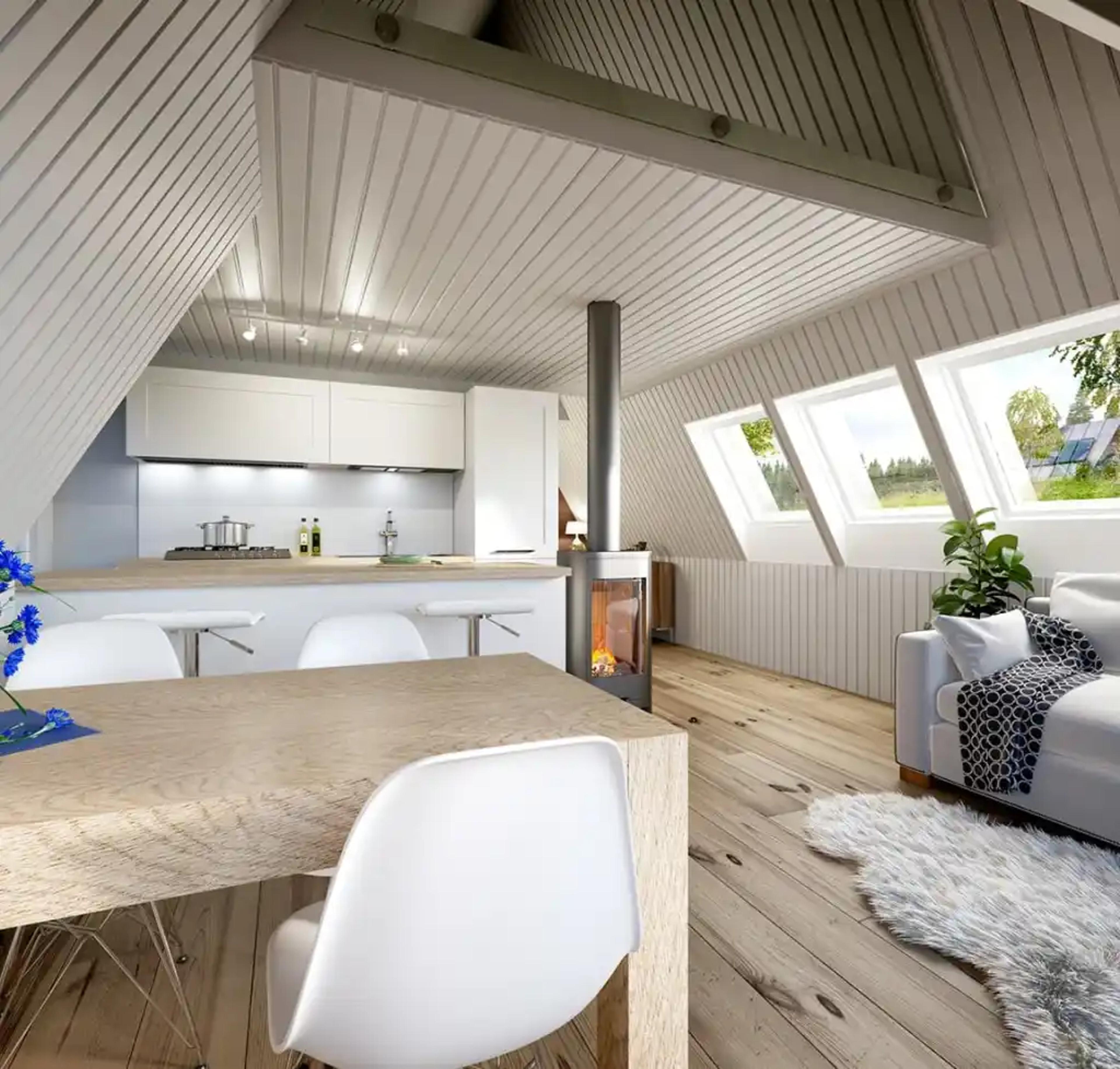 A-frame house open living room and kitchen