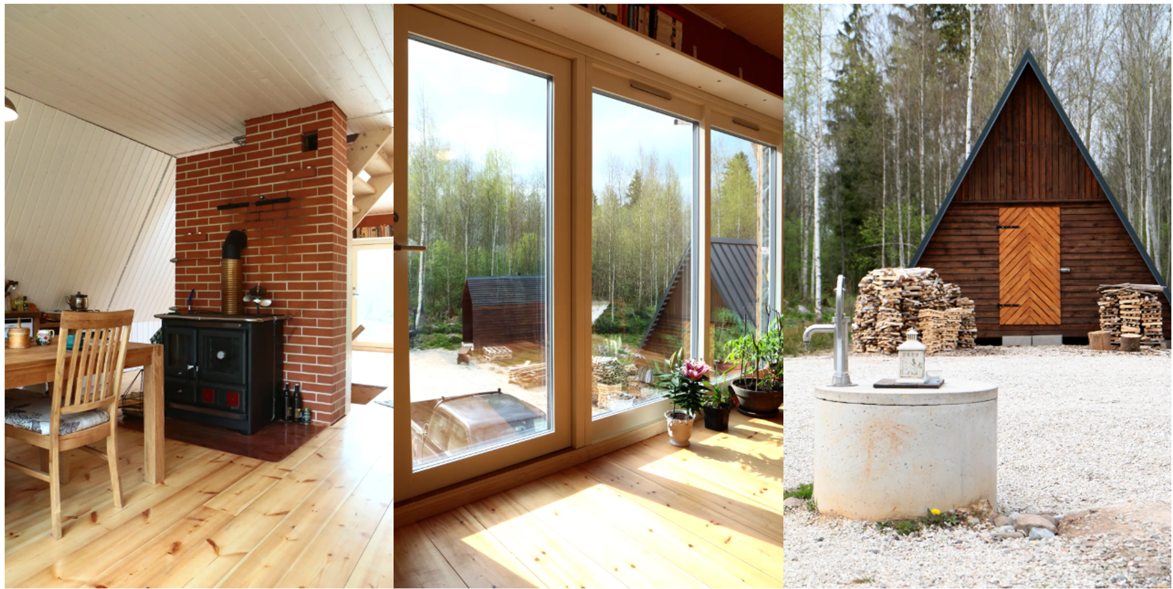 A triptych of photos showcases a rustic interior with a brick hearth and wood stove, large windows looking out onto a wooded property, and an exterior view of a small A-frame cabin next to a concrete well.