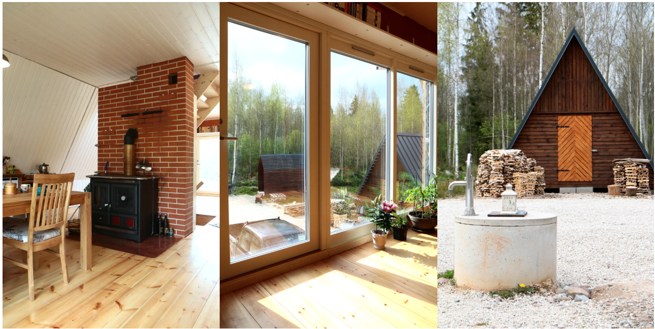 A triptych of photos showcases a rustic interior with a brick hearth and wood stove, large windows looking out onto a wooded property, and an exterior view of a small A-frame cabin next to a concrete well.