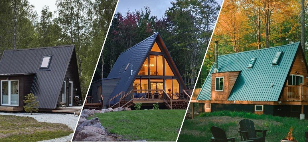 A three-panel collage showcases different Avrame A-frame models, featuring varying sizes, roof colors, and custom additions like side dormers and expansive wooden decks.