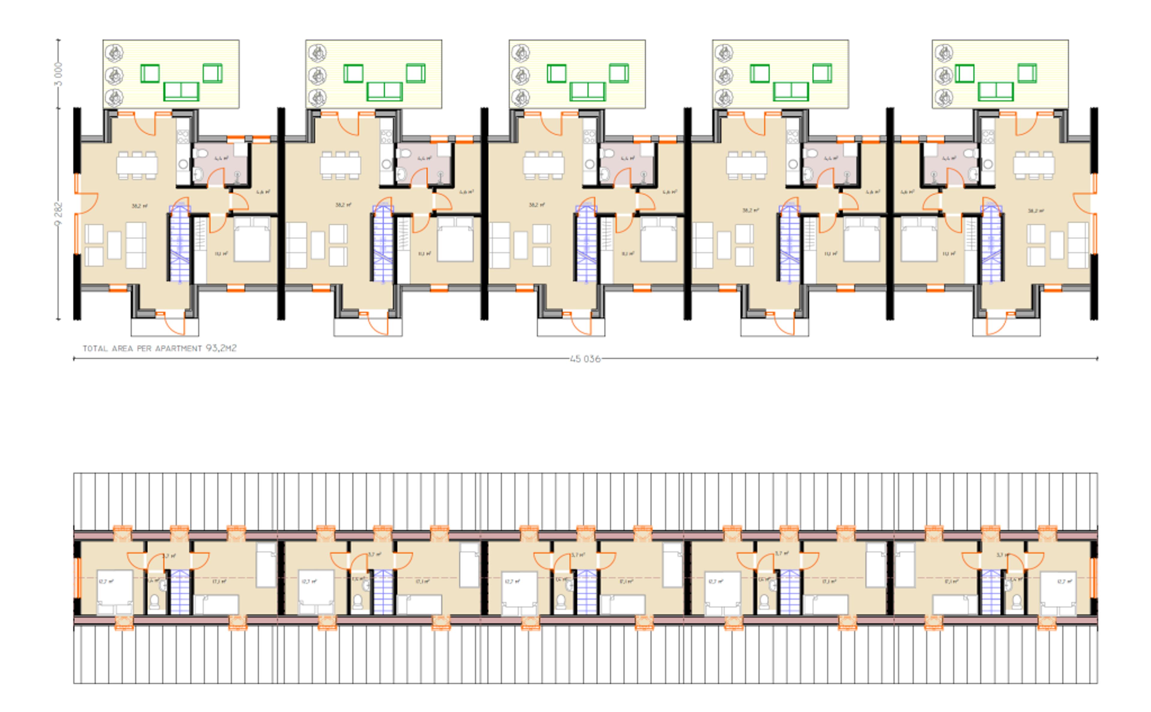 The floor plan for a Trio rowhouse complex illustrates five side-by-side A-frame apartment units, showing both the ground floor and the upper loft level layouts.
