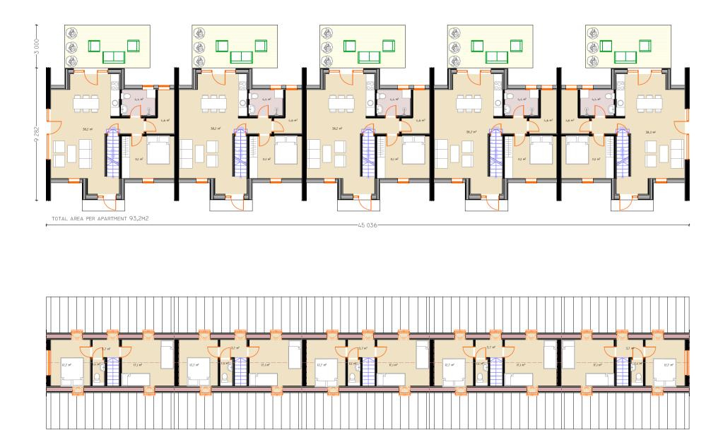 The floor plan for a Trio rowhouse complex illustrates five side-by-side A-frame apartment units, showing both the ground floor and the upper loft level layouts.