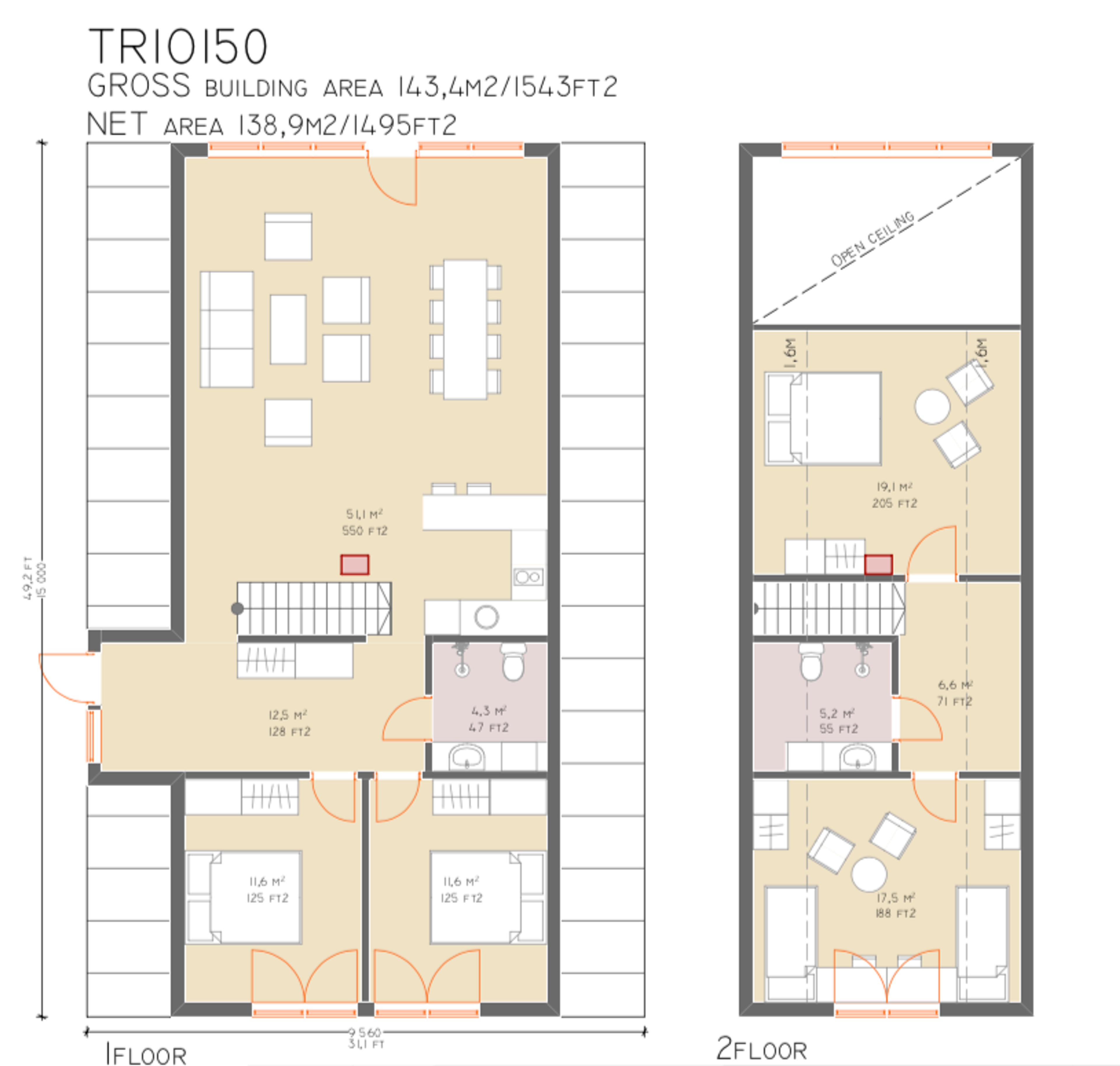 The architectural floor plan for the TRIO 150 model illustrates a two-story layout featuring a large open-concept living and dining area, four bedrooms, and two bathrooms.