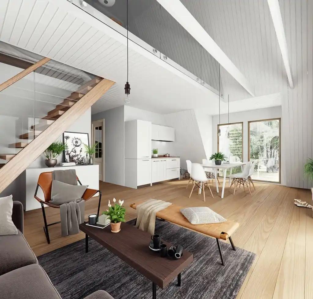 A-frame open living room and kitchen