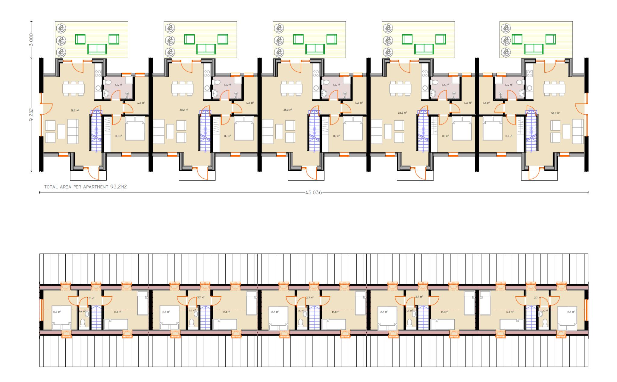 A two-level floor plan displays five adjoining A-frame townhouse units, featuring a detailed ground floor layout with terraces and an upper-level loft plan with multiple bedrooms.