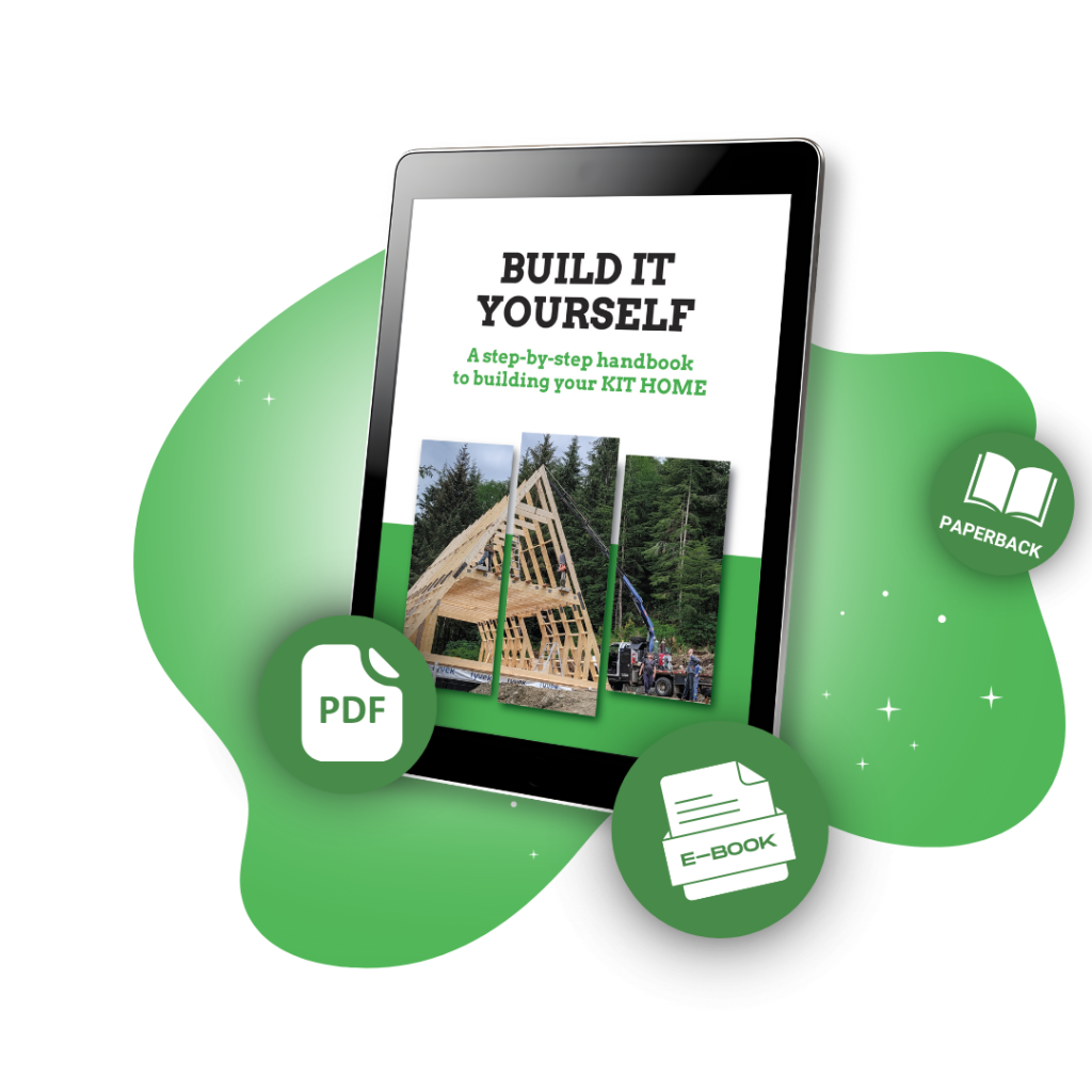 A digital tablet displays a "Build It Yourself" handbook for kit homes alongside icons for PDF, E-book, and paperback formats against a green graphic background.