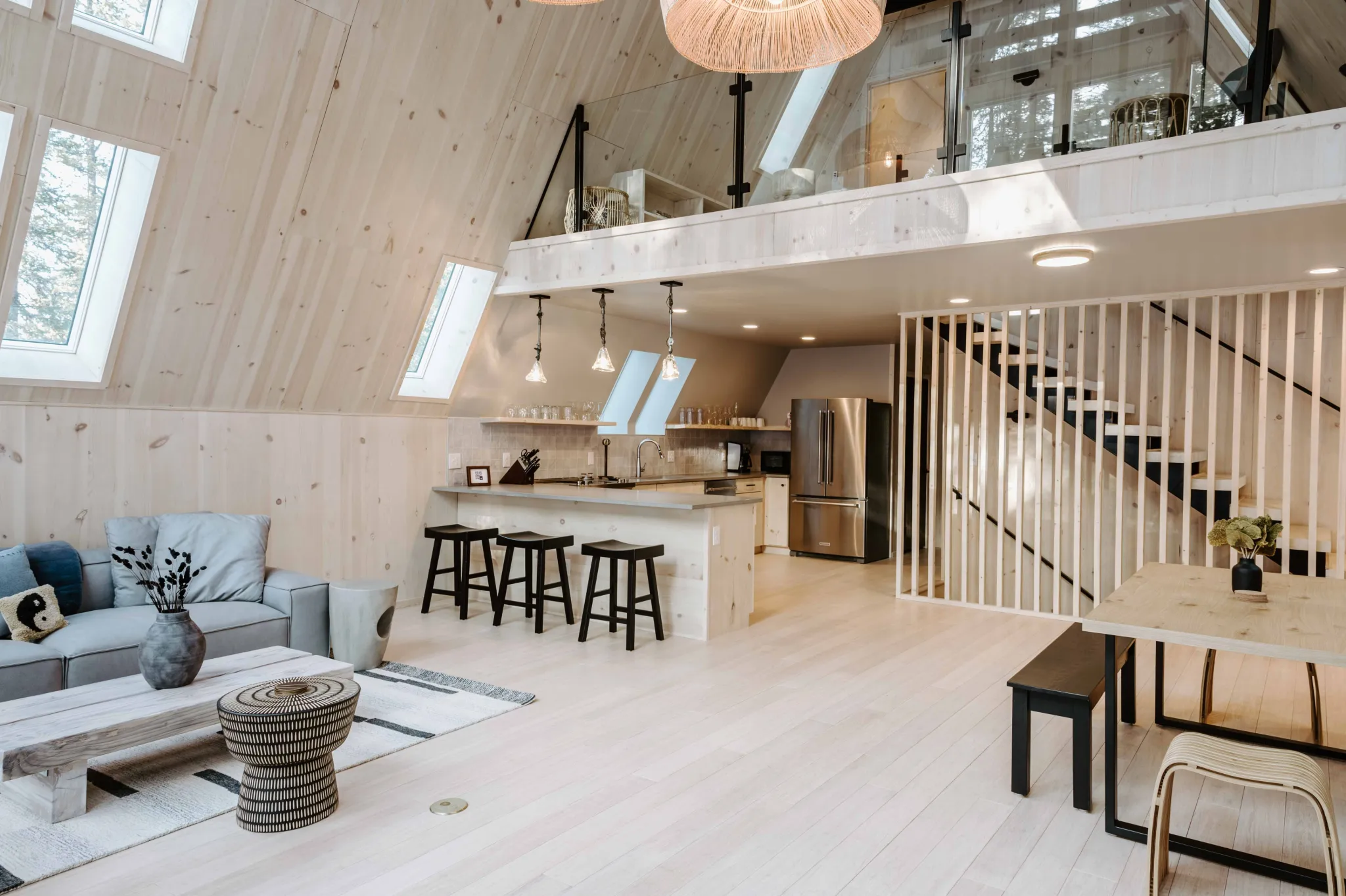 Interior of an A-frame house