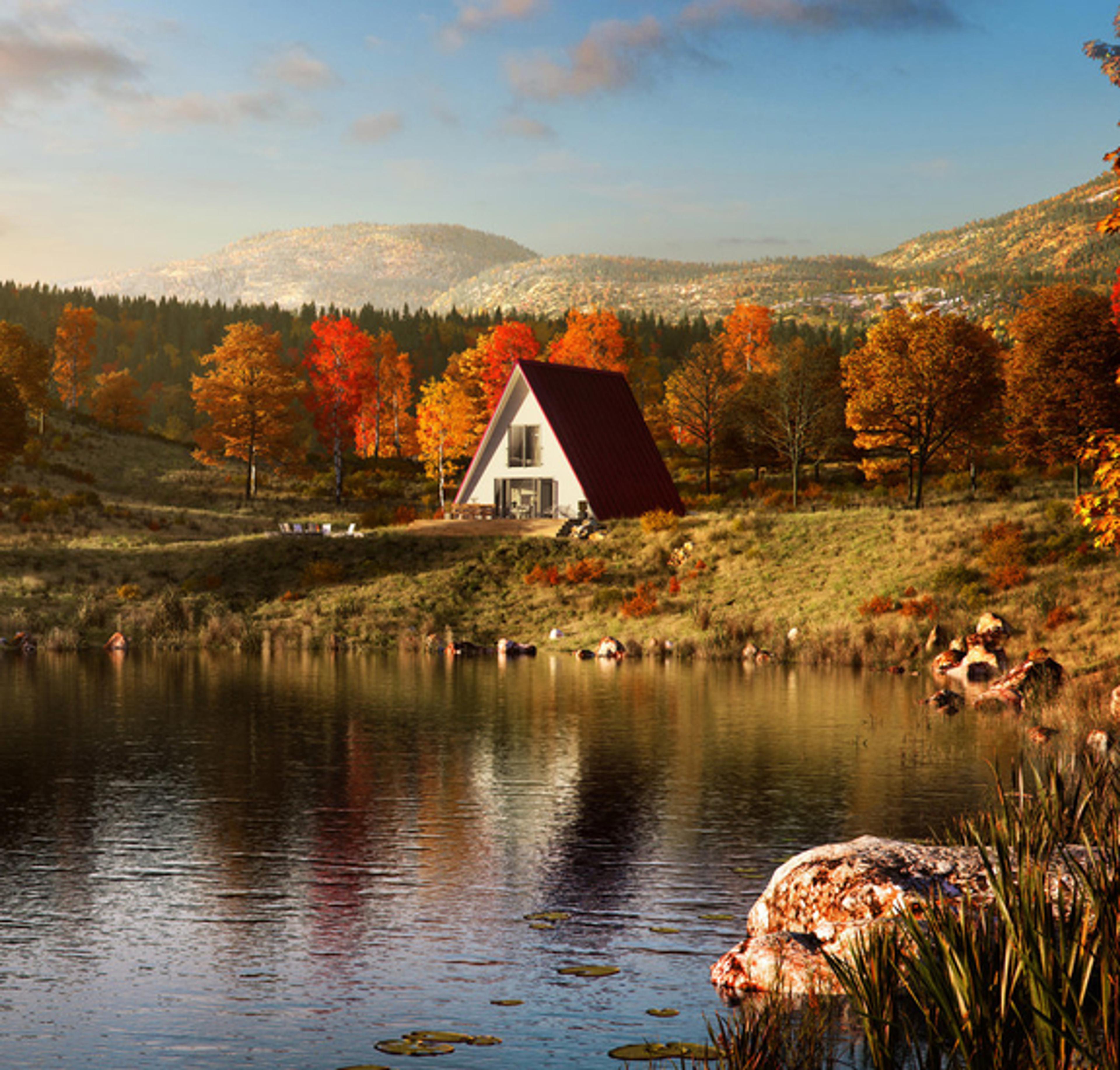 An architectural render depicts an Avrame Trio house with a red roof situated on a grassy bank overlooking a calm lake surrounded by vibrant autumn foliage and distant mountains.