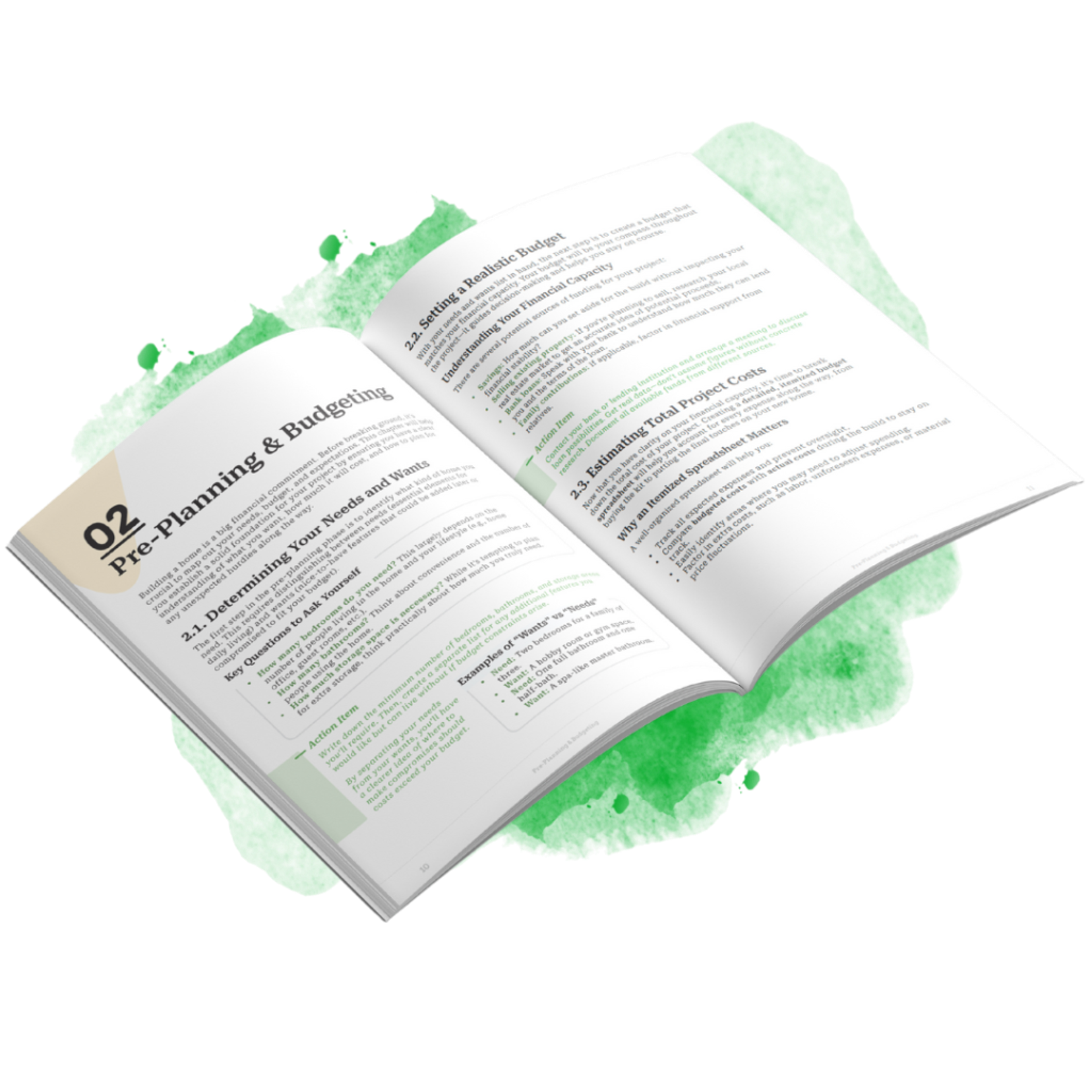 An open handbook displays a chapter on pre-planning and budgeting for a home build, featuring sections on determining needs versus wants and setting a realistic budget.