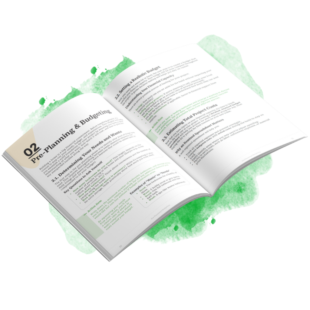 An open handbook displays a chapter on pre-planning and budgeting for a home build, featuring sections on determining needs versus wants and setting a realistic budget.