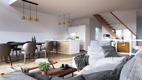 An architectural interior render of a Trio 150 model shows a modern, open-concept living space with a kitchen, dining area, and wooden staircase set against the sloped walls of the A-frame.