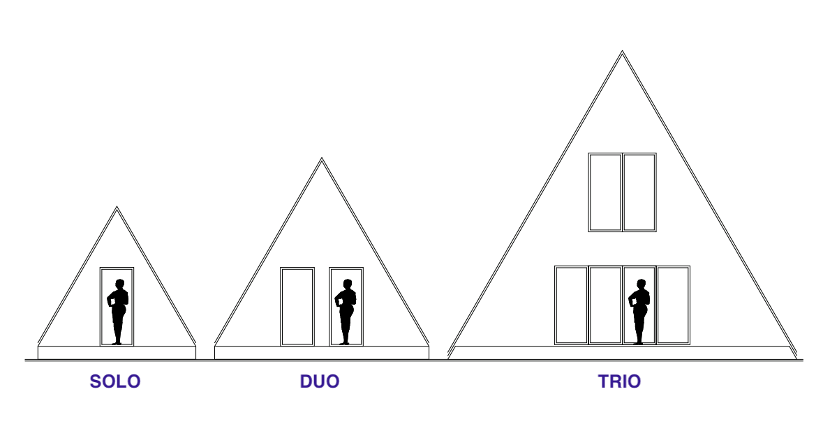 A line drawing compares the relative sizes of the Avrame Solo, Duo, and Trio house series, using human silhouettes for scale.