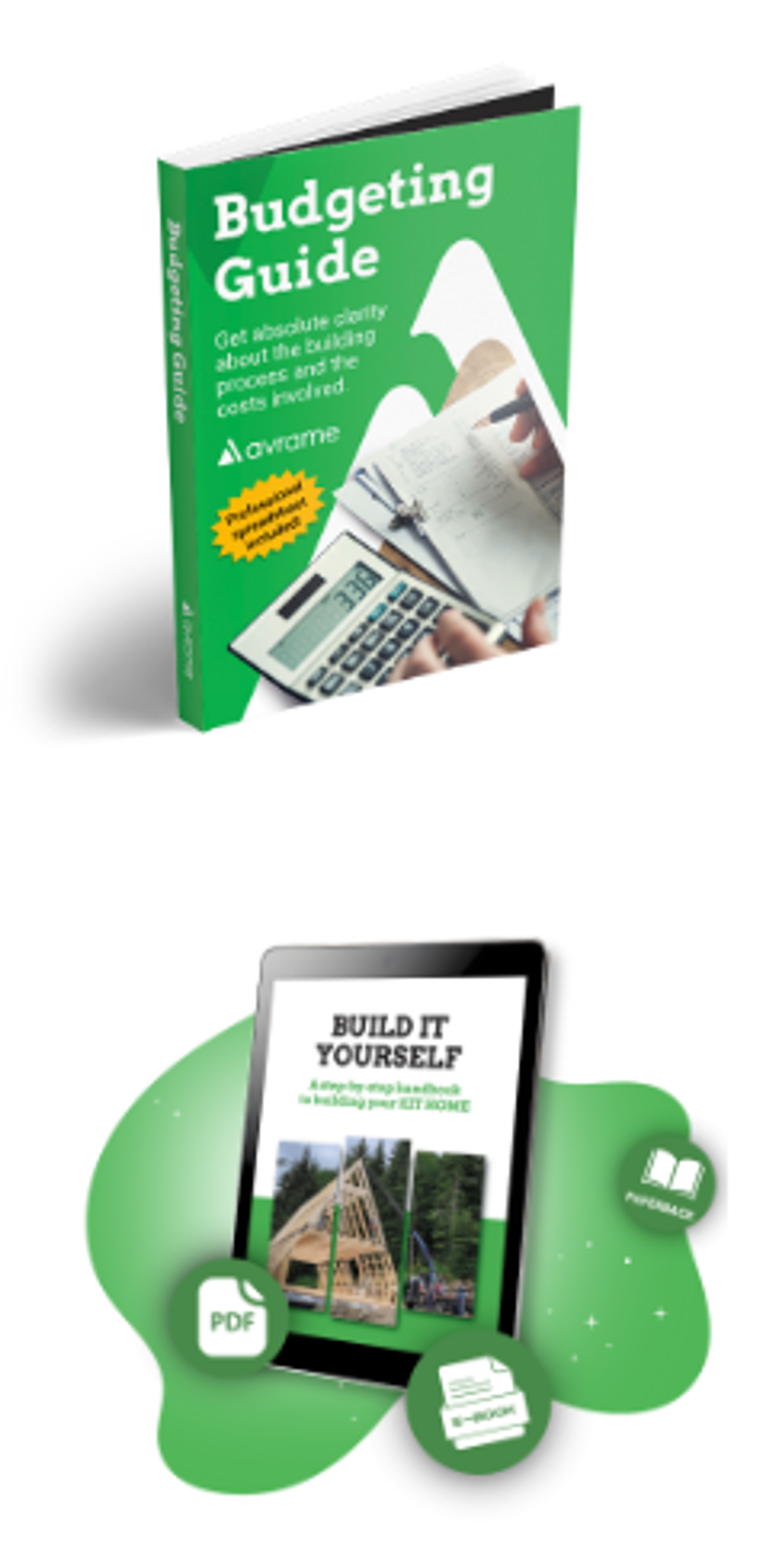 A promotional graphic shows the covers of Avrame's "Budgeting Guide" and "Build It Yourself" handbook, with icons indicating digital and physical formats.