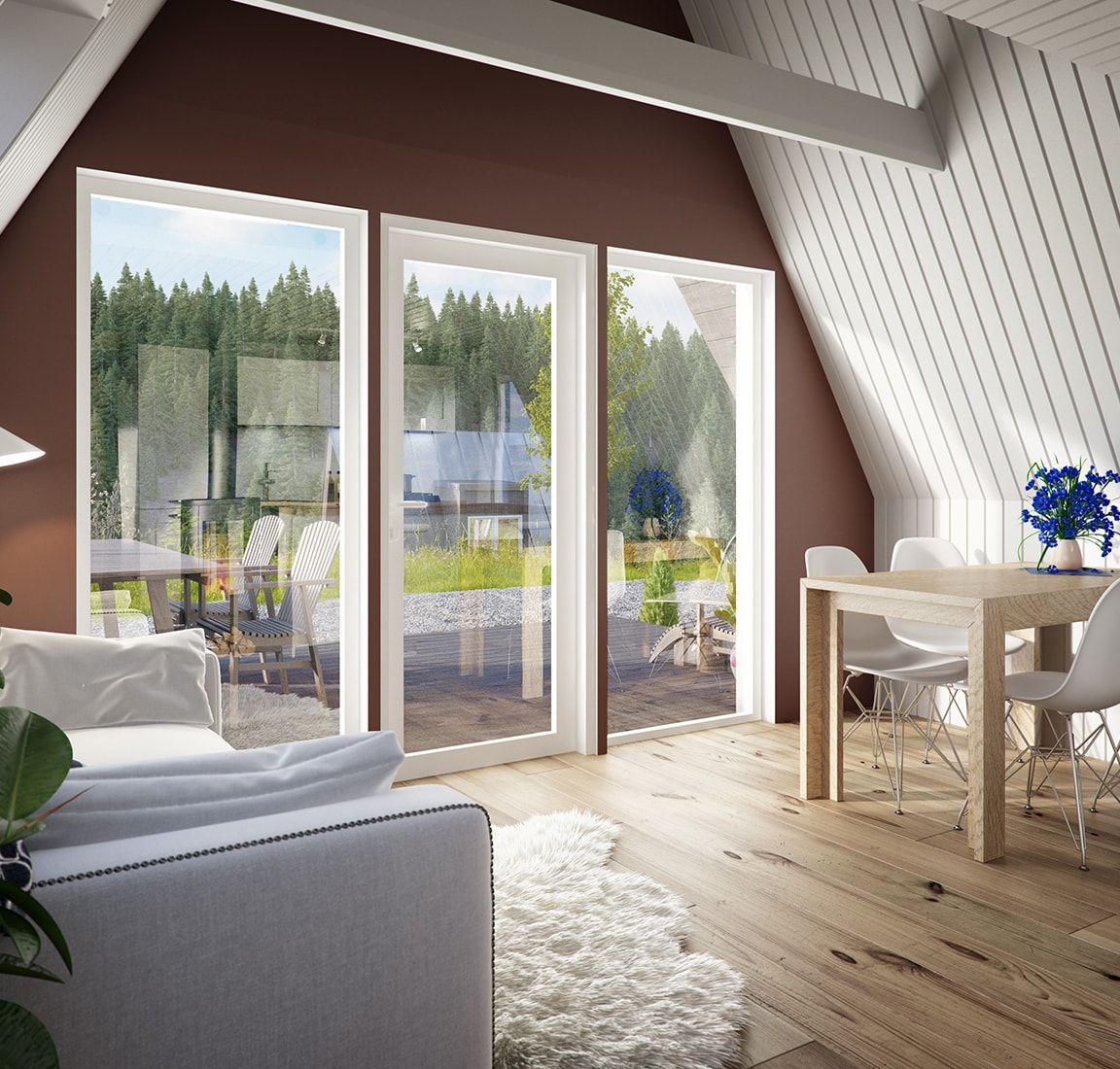 An architectural render of a Duo series interior shows a bright living space with a terracotta accent wall, large floor-to-ceiling glass doors, and a dining area adjacent to a sloped white wood-paneled wall.