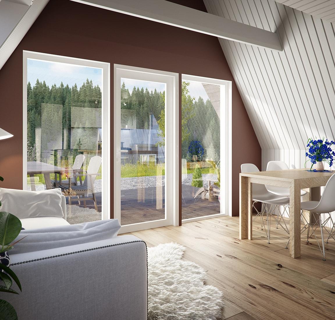 An architectural render of a Duo series interior shows a bright living space with a terracotta accent wall, large floor-to-ceiling glass doors, and a dining area adjacent to a sloped white wood-paneled wall.