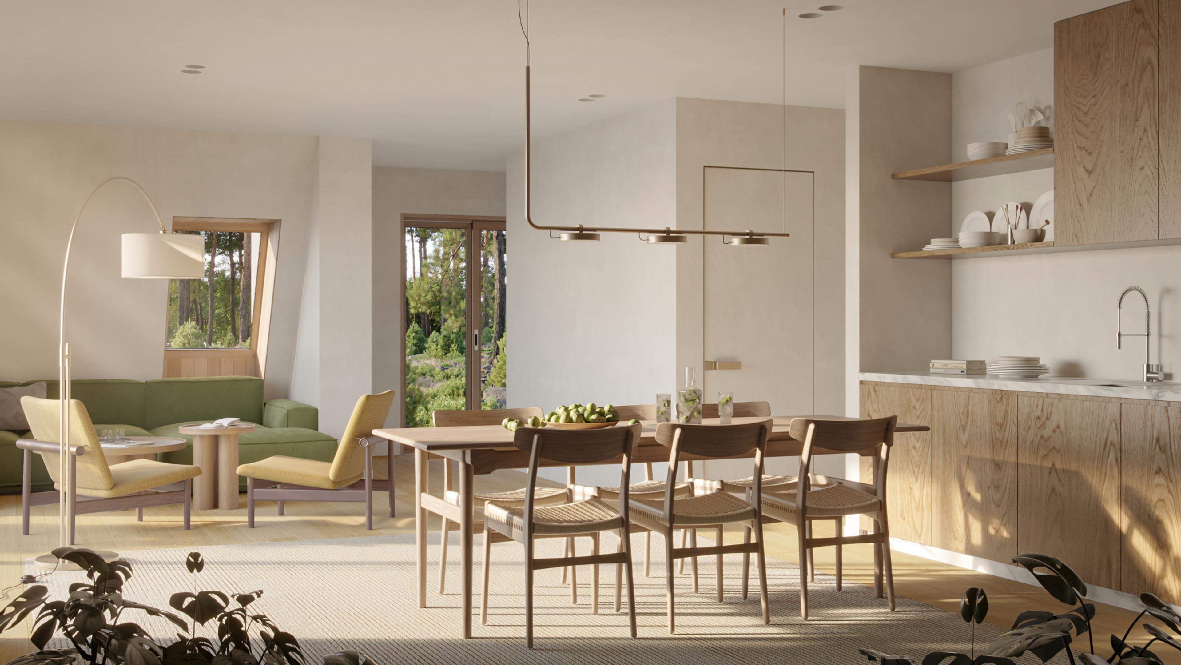 An architectural render of a sunlit, open-plan interior shows a Scandinavian-style dining set and kitchen transition into a cozy living area with green and yellow accents.